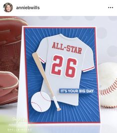 an all - star card with a baseball bat, glove and ball on the table