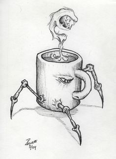 a pencil drawing of a mug with a spoon sticking out of it's mouth