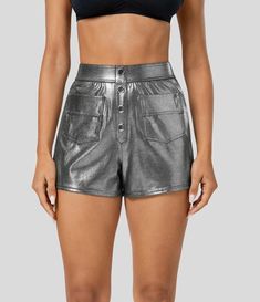 Modern Chic Faux Leather High-Waisted Shorts with Metallic Foil Print Bleach Wash, Metallic Foil, Leather Shorts, Modern Chic, Bottom Clothes, Foil Print, High Waisted Shorts, Black Silver, Fashion Forward