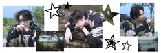 multiple photos of a man with black hair and stars on his face, in front of trees