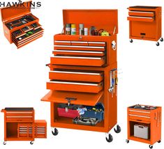 an orange tool cabinet with drawers and tools