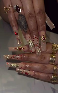 Valentine Baddie Nails, Red Nail Designs With Gems, Sag Nail Designs, Charro Quince Nails, Red Buchona Nails, Baroque Nail Art, Graduation Nails Red, Virgen Nails, Red Blinged Out Nails