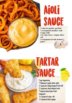 two different types of food are shown in this graphic above it is an image of onion rings and tartar sauce