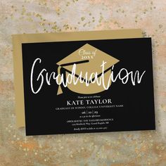 graduation party card with gold confetti on black and white paper, which reads congratulations