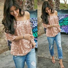 Off Shoulder Sequin Top Sparkly Tops, Glitter Blouse, Sparkly Top, Ripped Mom Jeans, Beach Tee, Sequin Shirt, Casual Shirt Women, Shirts Women Fashion, Casual Summer Shirts