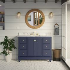 a bathroom with a sink, mirror and potted plant on the floor in front of it