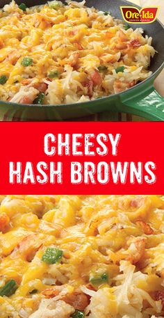 cheesy hash browns in a skillet with the title overlay reading cheesy hash browns