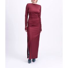 Danam's 'Romane' Maxi Dress Is Cut From Slinky Stretch-Jersey For A Close, Figure-Hugging Fit And Is Flatteringly Ruched Throughout. It Has Long Sleeves And Turns To Reveal A Low-Cut Back That's Embellished With A Gold Tone Chain. Wear Yours With Pumps And Boots Alike. Color: Wine Fabrication: 70% Nylon, 30% Spandex Care: Dry Clean French Sizing Ruched Fitted Evening Dress For Dinner, Fitted Ruched Evening Dress For Dinner, Fitted Evening Maxi Dress With Ruched Sides, Ruched Elastane Evening Dress For Party, Ruched Bodycon Dress For Gala, Evening Dress For Fall In Elastane, Fall Evening Dress Made Of Elastane, Fall Evening Dress In Elastane, Formal Ruched Elastane Evening Dress