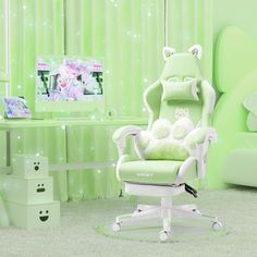 a white chair sitting on top of a carpet covered floor next to a green wall