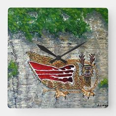 a clock with an image of a red bird on it's face and the words, please birds impressionistic oil paint artwork