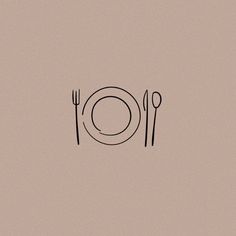 a black and white drawing of a plate with fork, knife and spoon rest on it