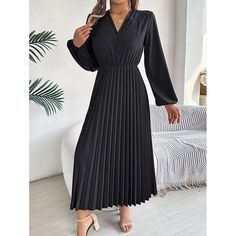 Season:Fall,Winter,Spring; Fabric:Satin; Sleeve Length:Long Sleeve; Look After Me:Machine wash; Gender:Women's; Style:Fashion,Modern; Elasticity:Micro-elastic; Occasion:Office,Workfashion; Fit Type:Regular Fit; Dresses Type:A Line Dress; Pattern:Plain; Design:Pleated; Neckline:V Neck; Sleeve Type:Bishop Sleeve; Front page:FF; Listing Date:07/17/2024; Bust:null; Length:null; Waist:null; Fit US Size:null; Fit UK Size:null; Fit EU Size:null; Dress Length Type:Long Dress Maxi Dress; Print Type:non-p Work Dresses For Women, Dress Satin, Fashion Mode, Light Hair, Types Of Dresses, Long Maxi Dress, Pleated Dress, Dress Length, A Line Dress