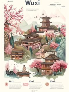 an illustrated map shows the locations of different places in the world, including pagodas and trees