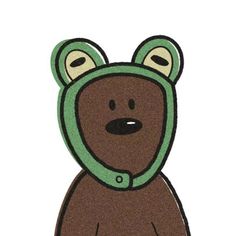 a brown bear wearing a green hat with ears on it's head and eyes closed