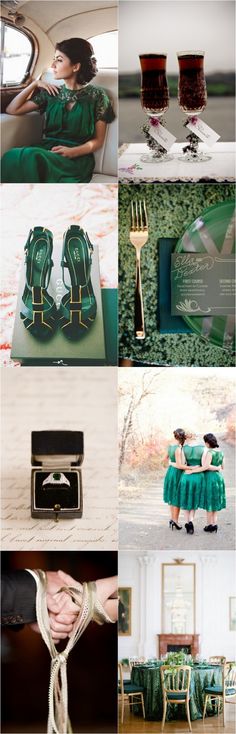 a collage of photos with green and gold accents including shoes, napkins, tablecloths, and other items