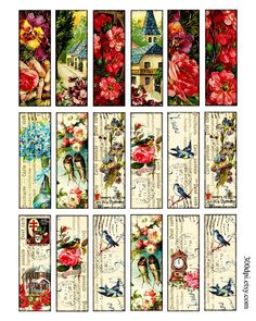 the bookmarks are decorated with flowers and birds