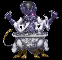 an image of a creature holding a plate with food in it's hands and arms