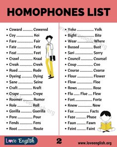 the homophones list is shown with two people in yellow pants and white shirt, one person