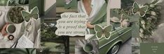 a collage of green and white items with words on them, including an image of a woman