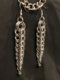 Lightweight chainmail earrings with a sterling silver back Silver Chainmail Metal Jewelry, Silver Metal Chainmail Jewelry, Silver Metal Jewelry With Chainmail, Silver Dangle Earrings With Box Chain, Silver Long Drop Earrings With Chain, Sterling Silver Dangle Earrings With Box Chain, Silver Dangle Jewelry With Box Chain, Silver Long Drop Box Chain Earrings, Chainmail Earrings