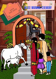 an animated image of a family and cow in front of a door with the words house warming ceremony written on it