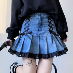 Vendor: Egirldoll Type: Price: 48.99 Kawaii Black Lace Blue Denim Skirt ON102 Gothic Harajuku Fashion, Clothes Kawaii, Kawaii Skirt, Egirl Clothes, Egirl Outfits, Style Kawaii, Cotton Polyester Fabric, Blue Denim Skirt, Denim And Lace