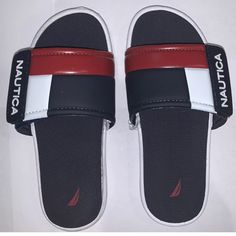 Nautica Boys Bower Youth Sandals, Navy White Red Sz 13 And 1 New With Tags Without Box Nautica Bower Youth Slides Slide Sandals Comfort Red White Blue Kids/Youth Super Comfortable And Stylish Nautica Slides In Navy Red And White Perfect For Everyday Wear, The Pool, Park, Beach Etc Sporty Round Toe Sport Sandals For Swimming, Sporty Flip Flops For The Beach, Navy Non-slip Beach Sandals, Navy Beach Slides With Cushioned Footbed, Casual Red Sandals For Outdoor, Casual Red Sport Sandals With Round Toe, Sporty Round Toe Sandals For Water Sports, Red Cushioned Sport Sandals For Outdoor, Sporty Sandals For Water Sports