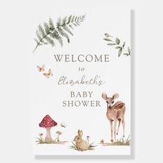 a baby shower sign with deer and mushrooms