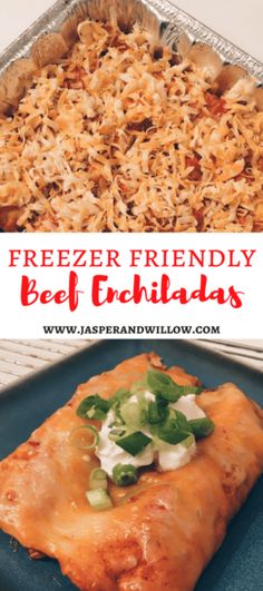 two different pictures with the words freezer friendly beef enchiladas on them