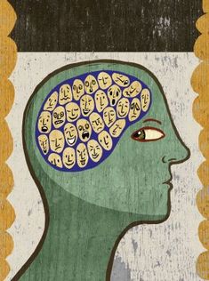 a drawing of a person's head with many faces and numbers in the brain