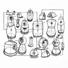 a black and white drawing of different types of coffee grinders on a sheet of paper