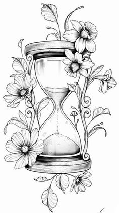 an hourglass with flowers and leaves on it is drawn in pencil by hand stock photo