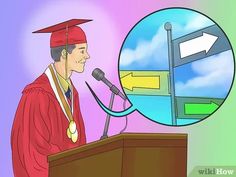 a man wearing a graduation cap and gown speaking at a podium with an arrow pointing to the right