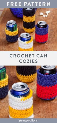 crochet can cozyies on a wooden table with text overlay that says free pattern