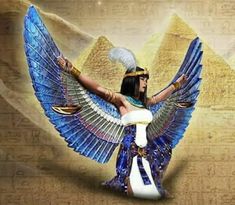 an egyptian woman with blue wings and headdress in front of the pyramids