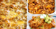 four different pictures of food including rice, meat and vegetables in casserole dishes