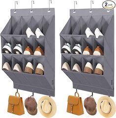 two gray wall mounted shoe racks with hats and purses