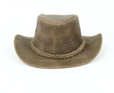 Our weaved leather cowboy hats are made of genuine cowhide leather. This beautifully handcrafted hat is made with fine craftsmanship and materials. Any scars, wrinkles or other subtle variations are characteristics of natural leather and do not affect its strength or quality. The unisex leather hat is embellished with brass conchos. The crown of the had also boasts a braided hat band. Use the strap for windy days or to keep it around your neck while traveling so you won't lose it. Perfect access Cowboy Hat Brown, Black Leather Hat, Brown Leather Hat, Brown Cowboy Hat, Cowboy Hat Bands, Leather Cowboy Hats, Leather Hat, Western Hats, Leather Hats