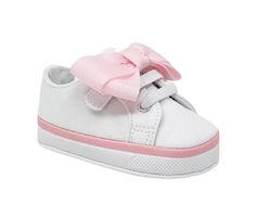 Canvas Textile upper, Elastic faux laces, Adjustable hook-and-loop velcro strap, Oversized pink bow on ankle strap, Flat sole, Round toe, EVA footbed, Polyurethane outsole | Girls' Baby Deer Infant Grace Crib Shoes in White/Pink Size 3 - Infant Sabrina Shoes, Baby Pink Shoes, Deer Girl, Infant Shoes, Bow Shoes, Baby Deer, Crib Shoes