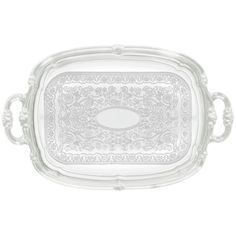 an ornate silver tray with handles and beading on the sides, set against a white background