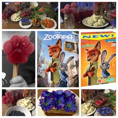 various pictures of food including carrots, blueberries and other items for the movie zootopia