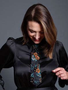 Incredibly detailed and perfectly bold, this new embroidered petite tie is the perfect addition to your wardrobe as the seasons change. With intricate mosaic-style beading, this piece will draw eyes at any event, and take your wardrobe through the seasons. Let it stand out against a black shirt or dress, or emphasize color with a bold pattern top. Size 1: 14.5-16.5" neckband Silk Party Ties, Black Mosaic, Draw Eyes, Floral Mosaic, Seasons Change, Tie Length, The Seasons, Eye Drawing, Petite Fashion