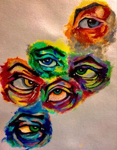 an artistic painting with many different colored eyes