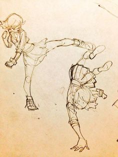 a drawing of two people doing tricks in the air with their hands on one leg