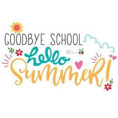 goodbye school hello summer lettering with flowers and sunbursts on the back ground