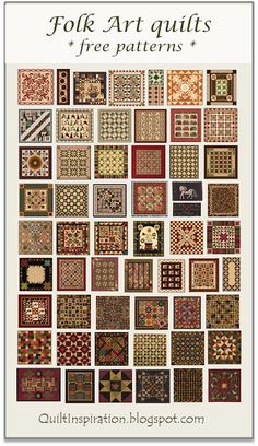 an image of quilting patterns with the words folk art quilts free patterns on it