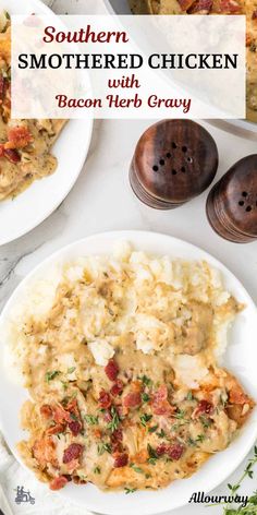 southern smothered chicken with bacon and herb gravy on a white plate