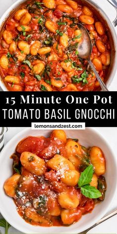 one pot tomato basil gnocchini in a white bowl and another photo with text overlay