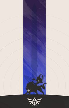 the legend of zelda poster is shown in blue and purple tones, with an image of