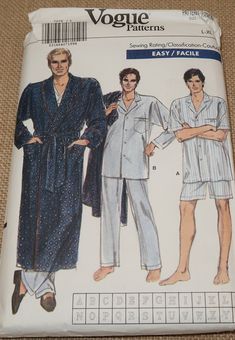 Uncut with instructions.  Envelope shows wear with clear tape, no odors. 1940s Mens Robe, 80s Clothes, Monogram Robes, Mens Monogram, Vintage Vogue Patterns, Pajama Pattern, Easy Patterns, 80s Mens, Vogue Sewing